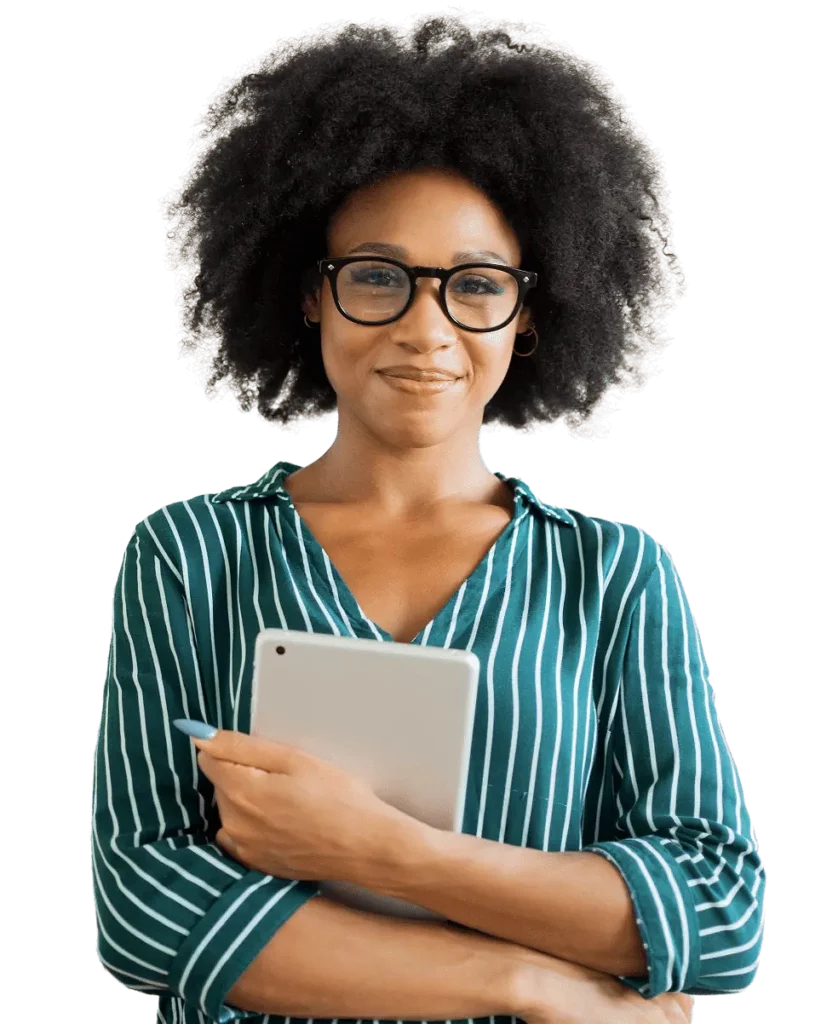 Professional woman smiling, facing camera, arms crossed around iPad, holding it to her body.